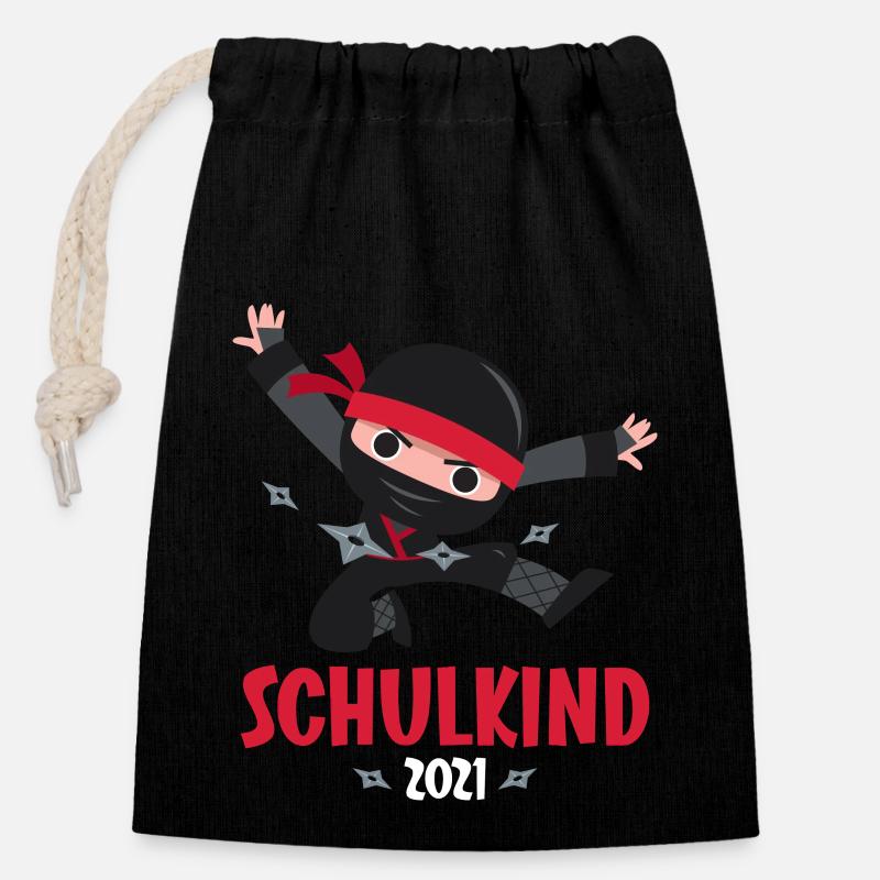 Schulkind 2021 1. Klasse Einschulung Ninja Ninjas - Verschließbarer Geschenkbeutel aus Baumwolle (14x20cm) - Schwarz