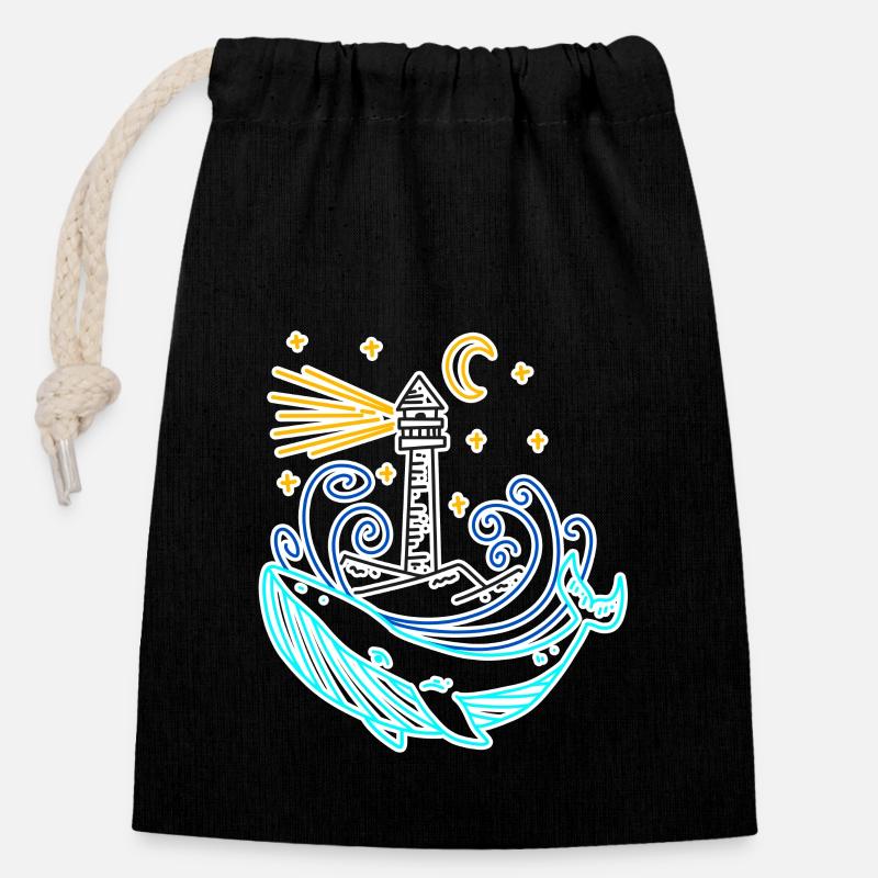 Phare côte mer mer - Sac cadeau en coton avec cordon (14 x 20 cm) - noir