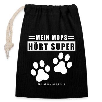 Mops Leben - Verschließbarer Geschenkbeutel aus Baumwolle (14x20cm) - Schwarz - Vorne
