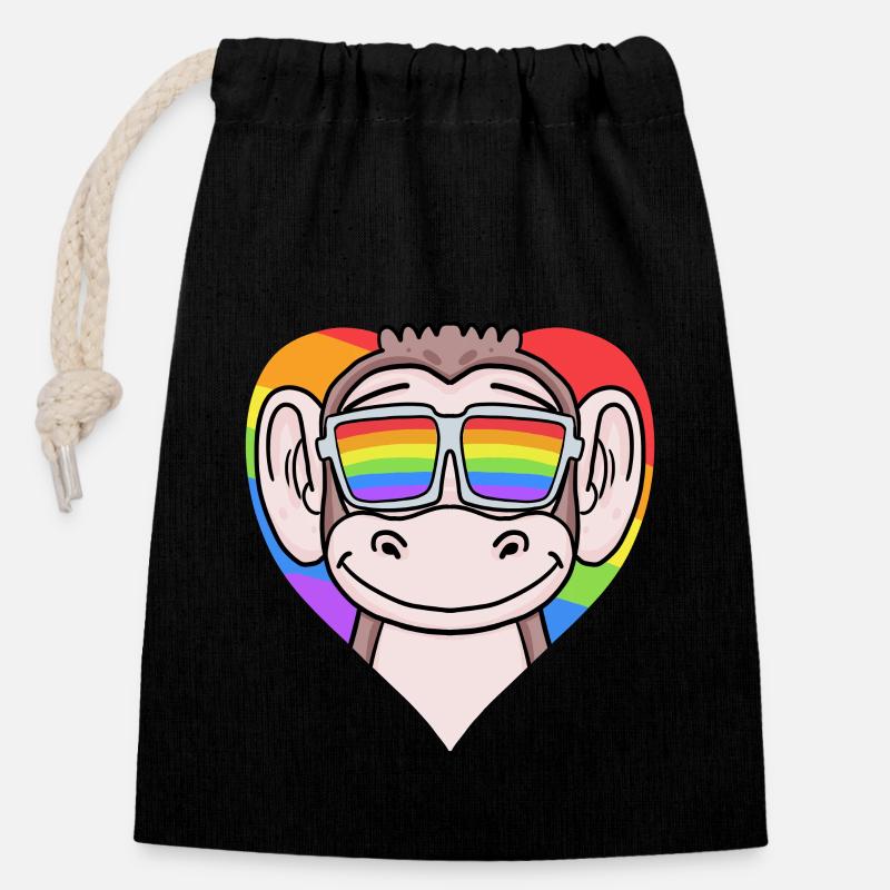 Cœur LGBT avec singe arc-en-ciel - Sac cadeau en coton avec cordon (14 x 20 cm) - noir