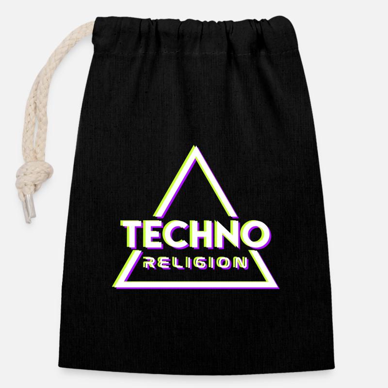 Techno Religion Électro Musique EDM Hardstyle - Sac cadeau en coton avec cordon (14 x 20 cm) - noir