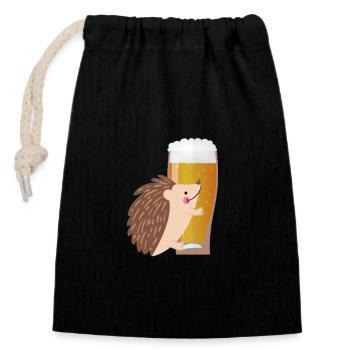 Bier Geschenk mit Igel - Verschließbarer Geschenkbeutel aus Baumwolle (14x20cm) - Schwarz - Vorne