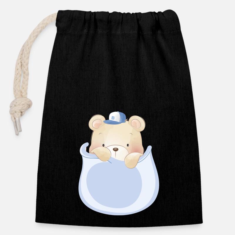 Marsupium Bébé Ours en peluche - Sac cadeau en coton avec cordon (14 x 20 cm) - noir