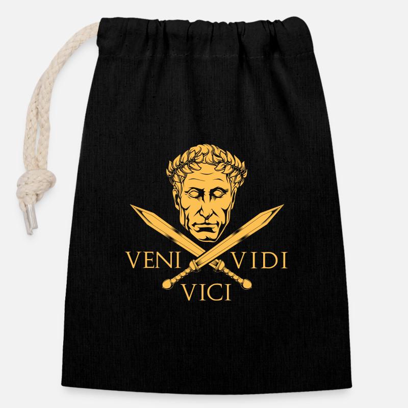 César et les épées - Veni Vidi Vici - Sac cadeau en coton avec cordon (14 x 20 cm) - noir