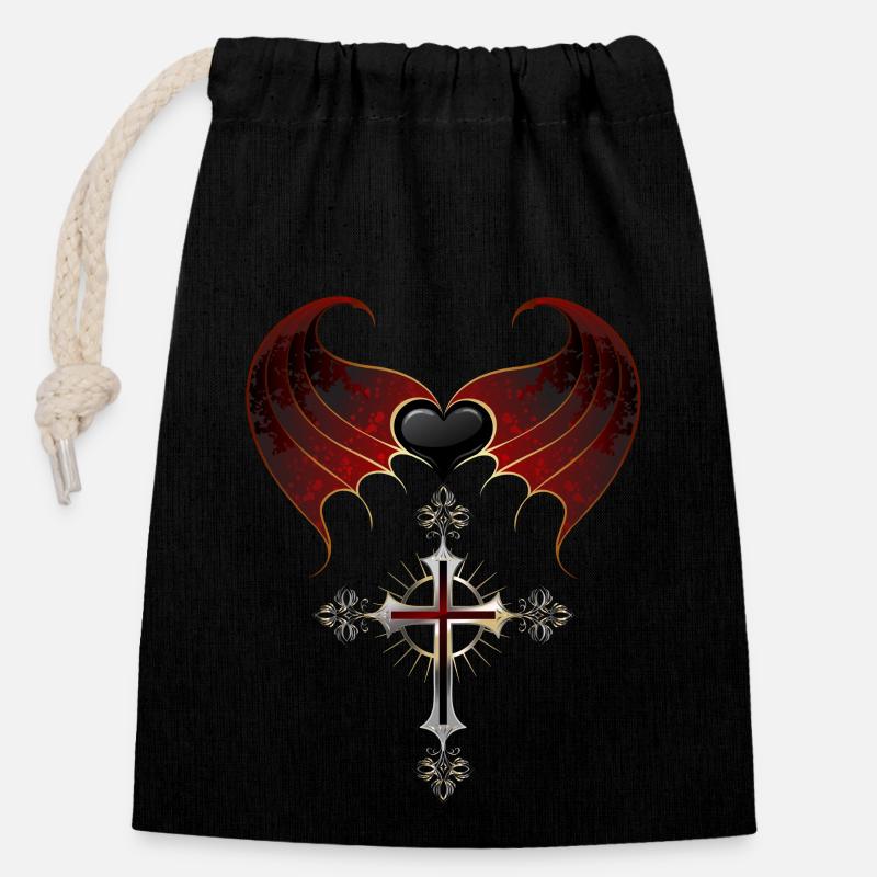 Croix gothique Aile I Pendentif croix gothique - Sac cadeau en coton avec cordon (14 x 20 cm) - noir
