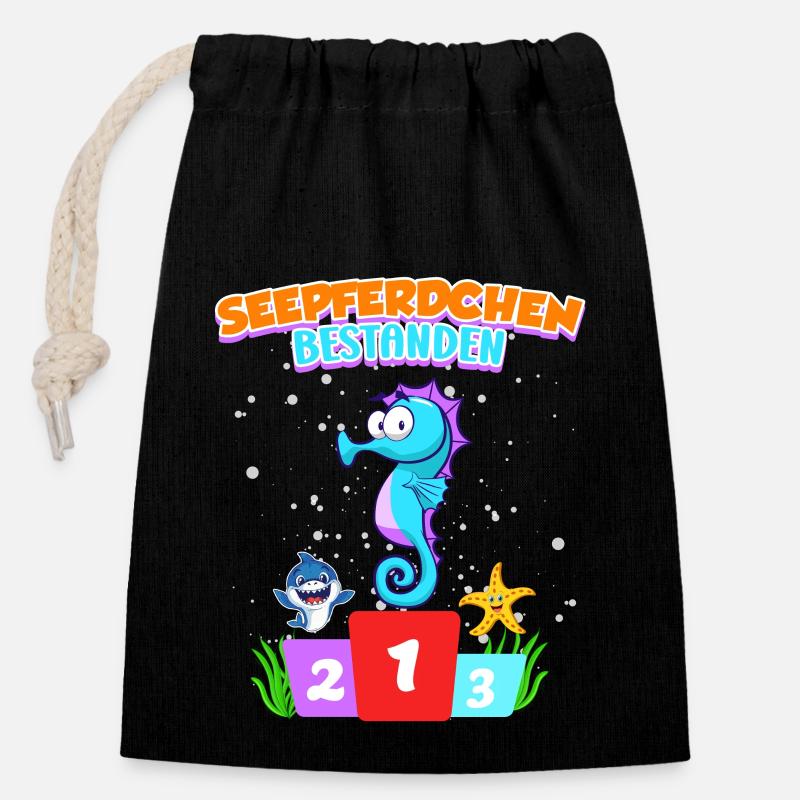 Seepferdchen bestanden Junge Kinder - Verschließbarer Geschenkbeutel aus Baumwolle (14x20cm) - Schwarz