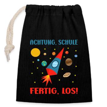 Einschulung Junge Rakete Schulkind Schultüte - Verschließbarer Geschenkbeutel aus Baumwolle (14x20cm) - Schwarz - Vorne