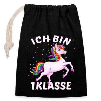 Einschulung süßes Einhorn Ich bin 1. Klasse - Verschließbarer Geschenkbeutel aus Baumwolle (14x20cm) - Schwarz - Vorne