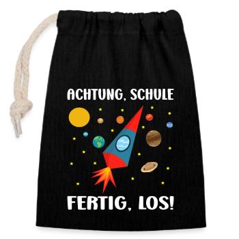 Einschulung Junge Rakete Schultüte Schulanfänger - Verschließbarer Geschenkbeutel aus Baumwolle (14x20cm) - Schwarz - Vorne