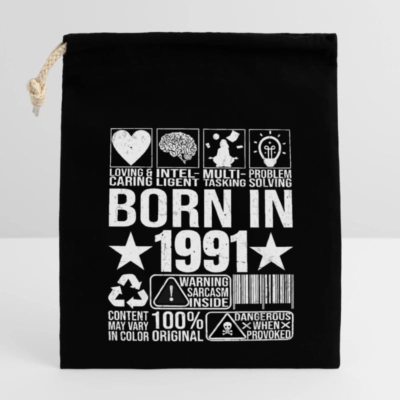 Né en 1991 Content Warning Label Code à barres Sac cadeau en coton avec cordon (14 x 20 cm)