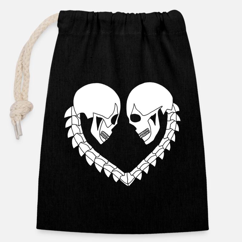 Coeur de crânes blanc - Sac cadeau en coton avec cordon (14 x 20 cm) - noir