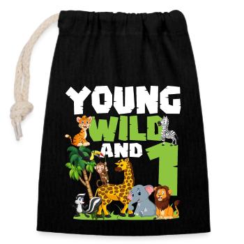 Jeune Sauvage Et 1 | Anniversaire sur le thème des animaux safari - Sac cadeau en coton avec cordon (14 x 20 cm) - noir - Devant