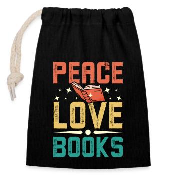 Peace, love, books - Closable cotton gift bag (14x20cm) - black - Front