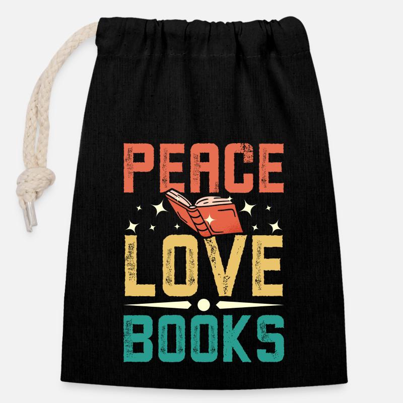 Peace, love, books - Verschließbarer Geschenkbeutel aus Baumwolle (14x20cm) - Schwarz