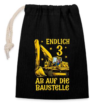 Ab auf die Baustelle - Bagger Geburtstag 3 Jahre - Verschließbarer Geschenkbeutel aus Baumwolle (14x20cm) - Schwarz - Vorne