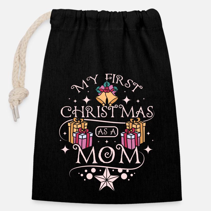 Premier Noël en tant que maman - Sac cadeau en coton avec cordon (14 x 20 cm) - noir