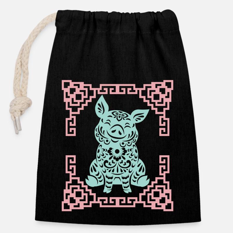 Année du Cochon, horoscope chinois Chine - Sac cadeau en coton avec cordon (14 x 20 cm) - noir