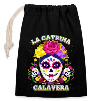 La-Catrina, Catrina-Calavera, Dia-de-los-Muertos - Sac cadeau en coton avec cordon (14 x 20 cm) - noir - Devant
