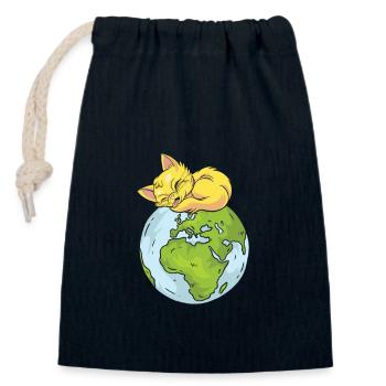 Earth Day Cute Cat loves world - Closable cotton gift bag (14x20cm) - navy - Front