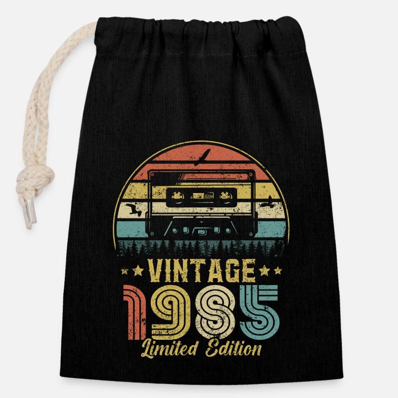 Cassette vintage 1985 - Sac cadeau en coton avec cordon (14 x 20 cm) - noir