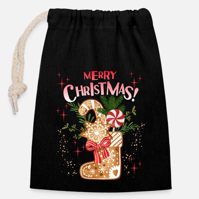 Weihnachten Lebkuchen Stiefel, Nikolaus - Verschließbarer Geschenkbeutel aus Baumwolle (14x20cm) - Schwarz