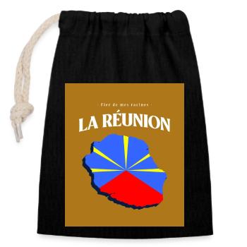 Fier de mes Racines La Réunion Or - Sac cadeau en coton avec cordon (14 x 20 cm) - noir - Devant