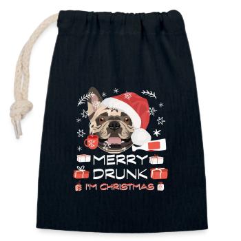 Français Marché de Noël Bulldog - Sac cadeau en coton avec cordon (14 x 20 cm) - bleu marine - Devant