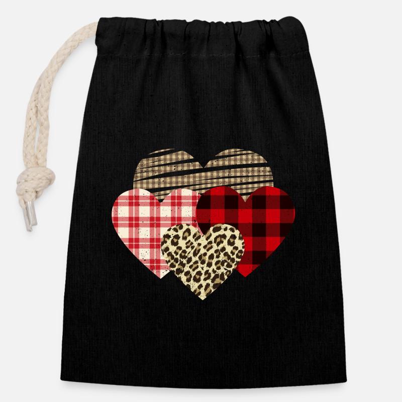 Herzen Leopard Plaid Büffel Herz Liebe Valentin - Verschließbarer Geschenkbeutel aus Baumwolle (14x20cm) - Schwarz