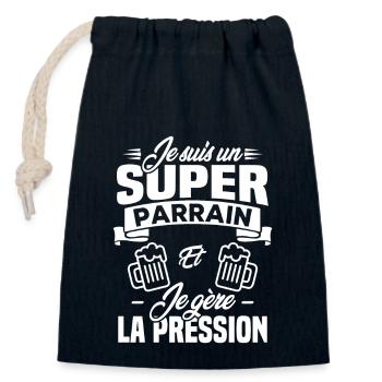 Je suis un super parrain, Humour cadeau parrain - Sac cadeau en coton avec cordon (14 x 20 cm) - bleu marine - Devant