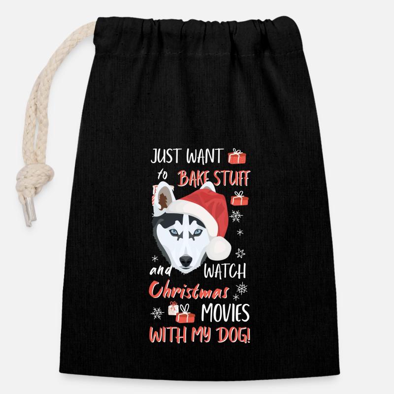Husky Joyeux Noël - Sac cadeau en coton avec cordon (14 x 20 cm) - noir
