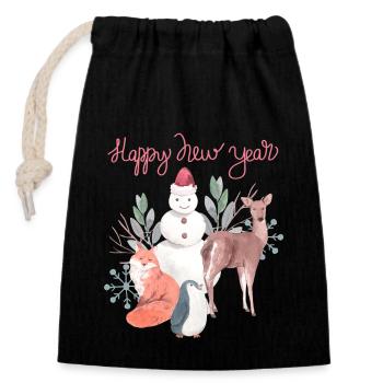 Happy-New-Year mit Schneemann und Reh - Verschließbarer Geschenkbeutel aus Baumwolle (14x20cm) - Schwarz - Vorne