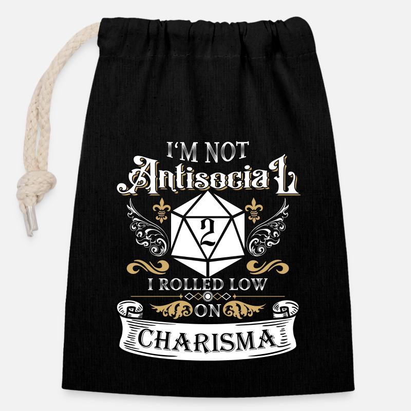I´m not antisocial, i rolled low on charisma funny - Verschließbarer Geschenkbeutel aus Baumwolle (14x20cm) - Schwarz