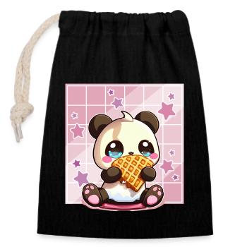 Cute Kawaii Panda Who Eats Waffle Anime Manga - Closable cotton gift bag (14x20cm) - black - Front