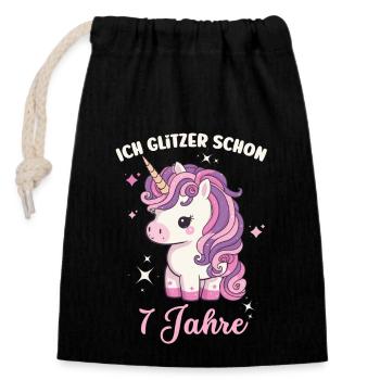 7. Geburtstag, 7 Jahre, Siebenjährige, Einhorn - Verschließbarer Geschenkbeutel aus Baumwolle (14x20cm) - Schwarz - Vorne