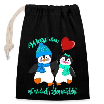 Verliebte Pinguine Valentinstag Heiratsantrag - Verschließbarer Geschenkbeutel aus Baumwolle (14x20cm) - Schwarz - Vorne