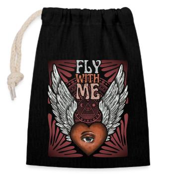 Valentine's Day, angel wings with heart-eye, saying - Closable cotton gift bag (14x20cm) - black - Front