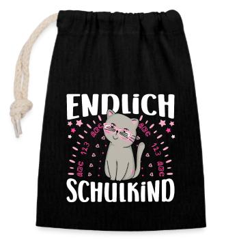 Einschulung Mädchen Katze Endlich Schulkind - Verschließbarer Geschenkbeutel aus Baumwolle (14x20cm) - Schwarz - Vorne