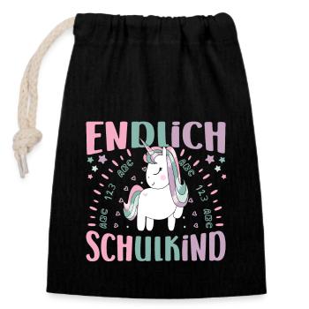Einschulung Mädchen Einhorn Endlich Schulkind - Verschließbarer Geschenkbeutel aus Baumwolle (14x20cm) - Schwarz - Vorne