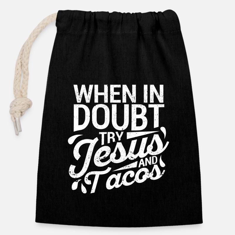 Im Zweifelsfall Jesus und Tacos probieren Cinco - Verschließbarer Geschenkbeutel aus Baumwolle (14x20cm) - Schwarz