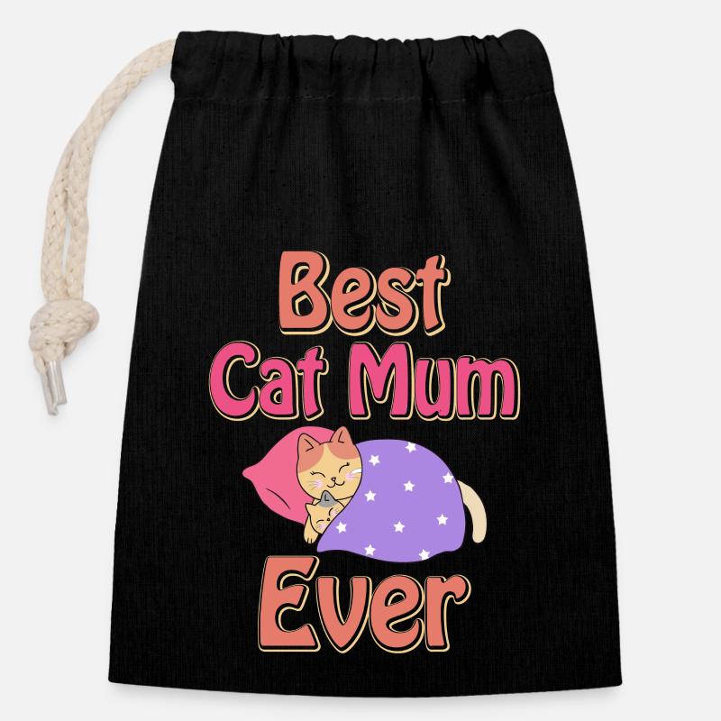 Meilleure mère chat - Sac cadeau en coton avec cordon (14 x 20 cm) - noir