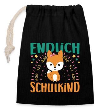 Einschulung Endlich Schulkind Mädchen Fuchs - Verschließbarer Geschenkbeutel aus Baumwolle (14x20cm) - Schwarz - Vorne