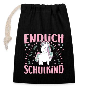 Einschulung Endlich Schulkind Mädchen Einhorn - Verschließbarer Geschenkbeutel aus Baumwolle (14x20cm) - Schwarz - Vorne
