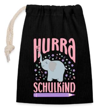 Einschulung Hurra Schulkind Mädchen Elefant - Verschließbarer Geschenkbeutel aus Baumwolle (14x20cm) - Schwarz - Vorne