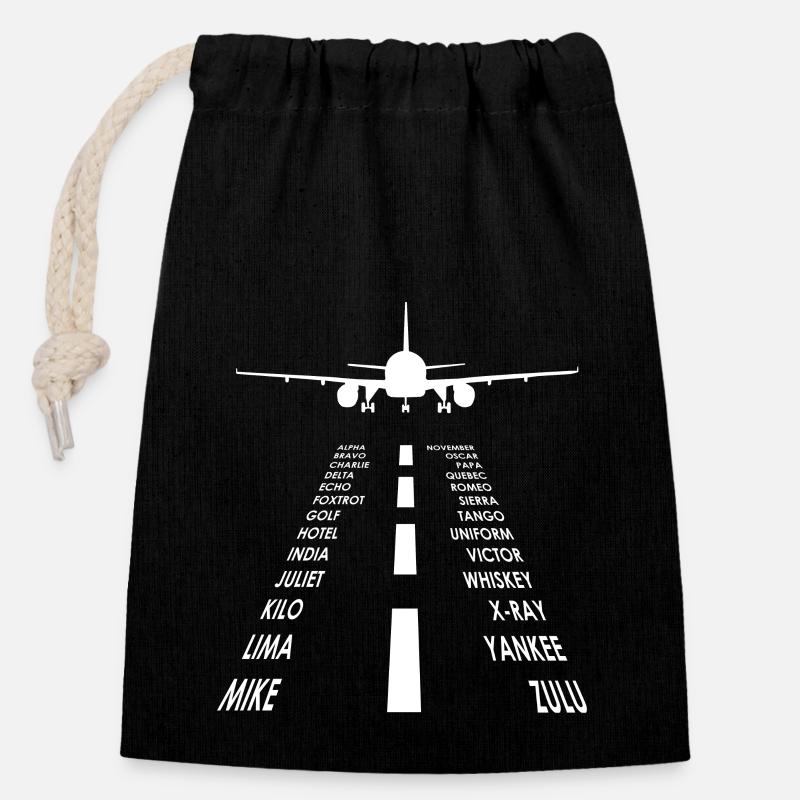 Flugzeug / Landebahn Piloten Alphabet / Hobbypilot - Verschließbarer Geschenkbeutel aus Baumwolle (14x20cm) - Schwarz