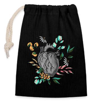 Cœur anatomique et fleurs - Sac cadeau en coton avec cordon (14 x 20 cm) - noir - Devant