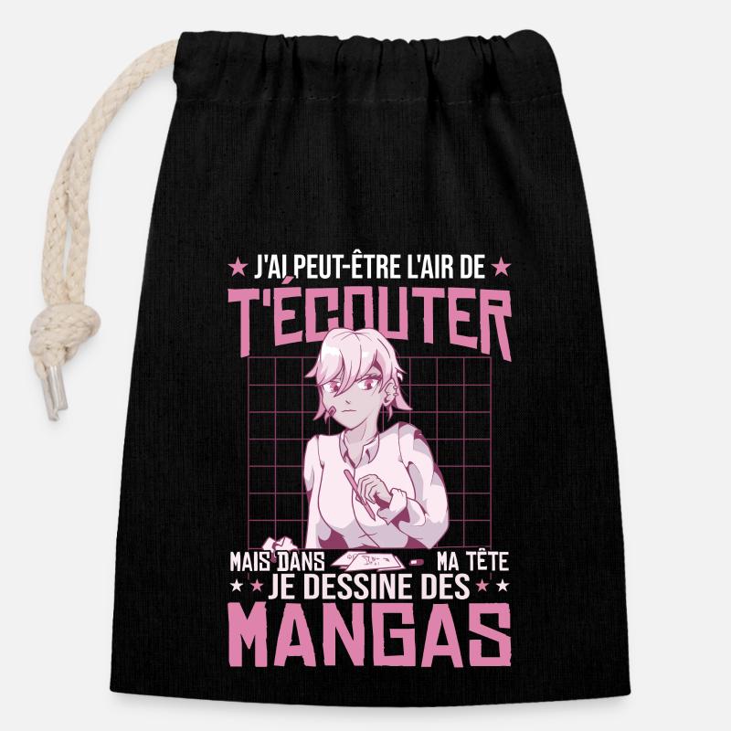 Je Dessine Des Mangas - Sac cadeau en coton avec cordon (14 x 20 cm) - noir