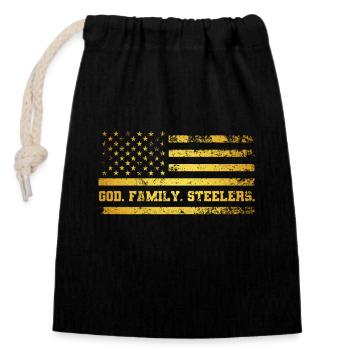 Gott. Familie. Steelers. Uns amerikanische Flagge - Verschließbarer Geschenkbeutel aus Baumwolle (14x20cm) - Schwarz - Vorne