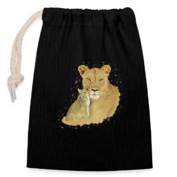 Lionne + Bébé - Gros Chat - Chat - Afrique - Sac cadeau en coton avec cordon (14 x 20 cm) - noir - Devant