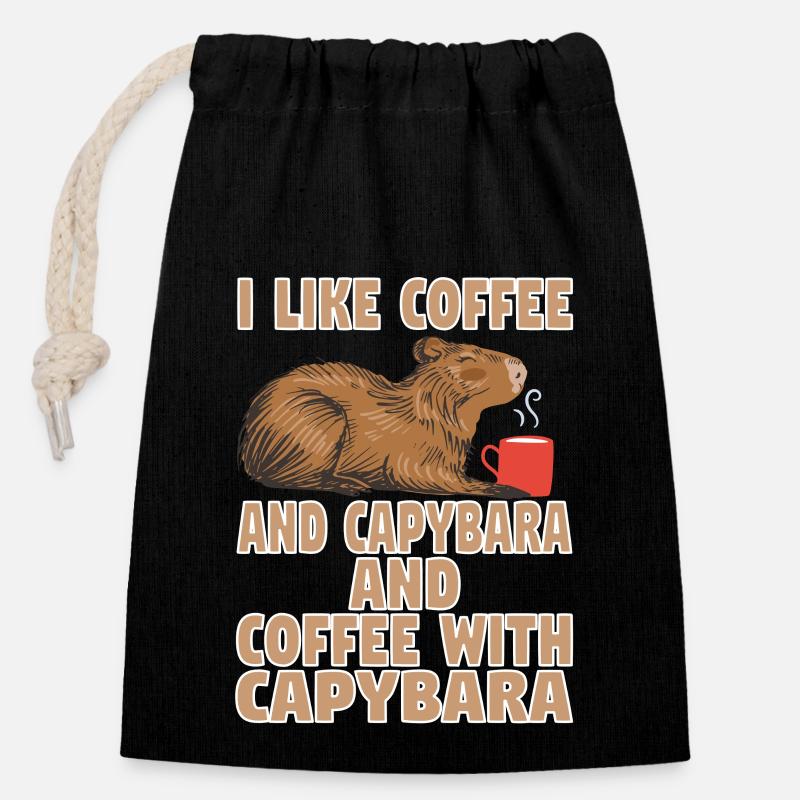 Wasserschwein Capybara Cappybara Kaffee Coffee - Verschließbarer Geschenkbeutel aus Baumwolle (14x20cm) - Schwarz