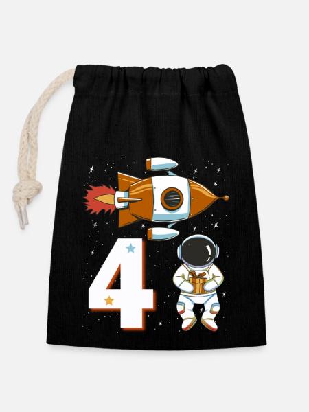 4. Geburtstag Astronaut 4 Jahre Weltall Jungen - Verschließbarer Geschenkbeutel aus Baumwolle (14x20cm) - Schwarz